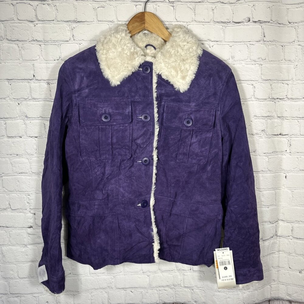 Wilsons Leather Suede Sherpa Lined Trucker Jacket Women's Large Purple Cozy Warm